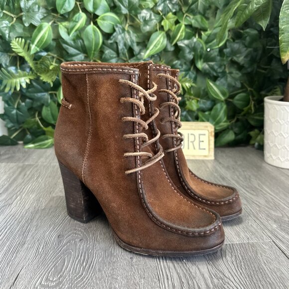 Frye Parker Moc Short Brown Suede High Heel Ankle Boots 3476656